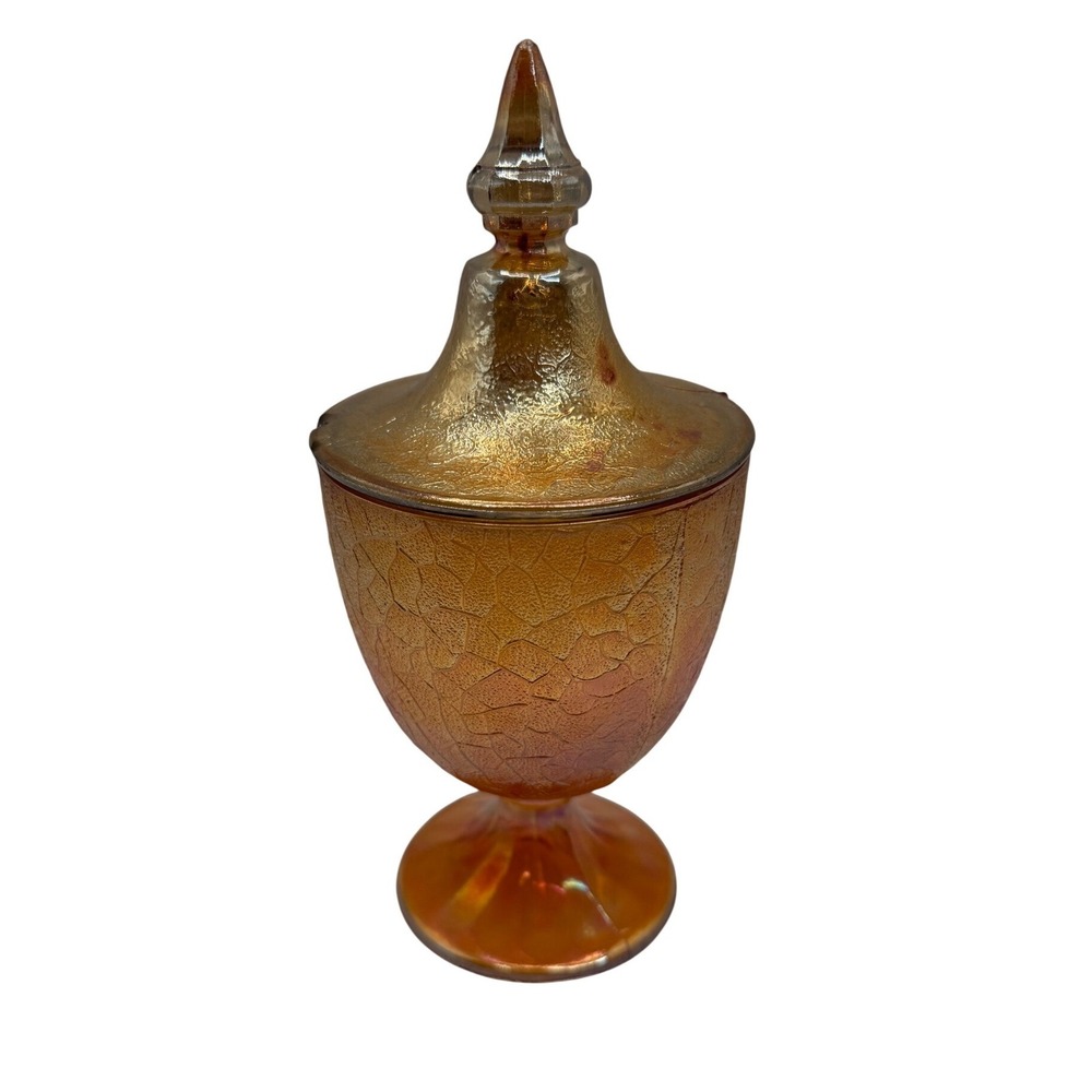 Vintage Amber Iridescent Crackle Glass Candy Dish Lidded Urn Pedestal Compote